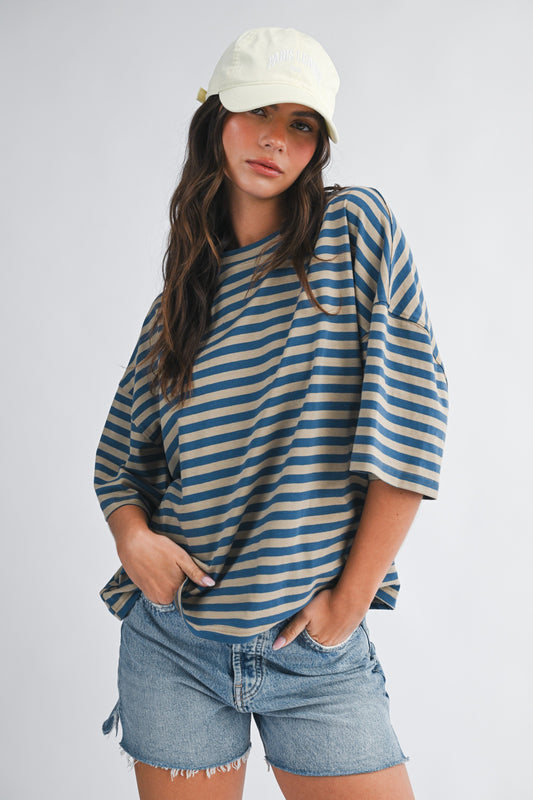 Oversized Stripe Boyfriend Tee in Tan + Blue