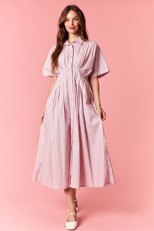 A short-sleeve button-up midi shirt dress in a pink and green vertical stripe pattern featuring a traditional collar, a full button-down front, and a pleated waistline.