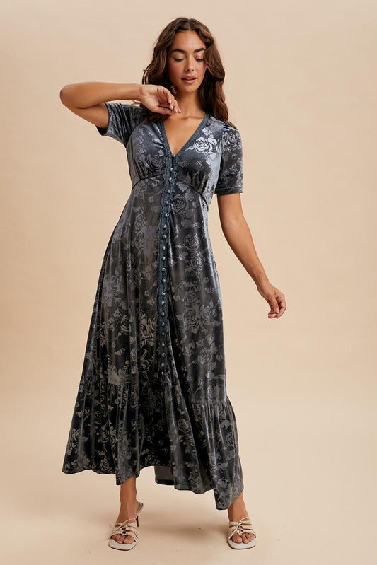 The Harlow Embossed Velvet Button Down Dress
