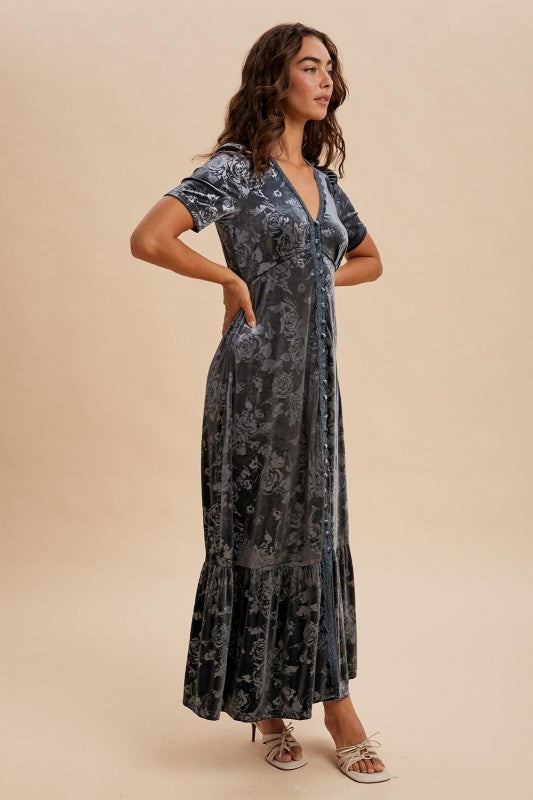 The Harlow Embossed Velvet Button Down Dress