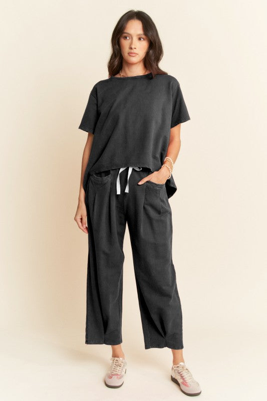 The Dete Washed Short Sleeve + Pleated Pant Set in Black