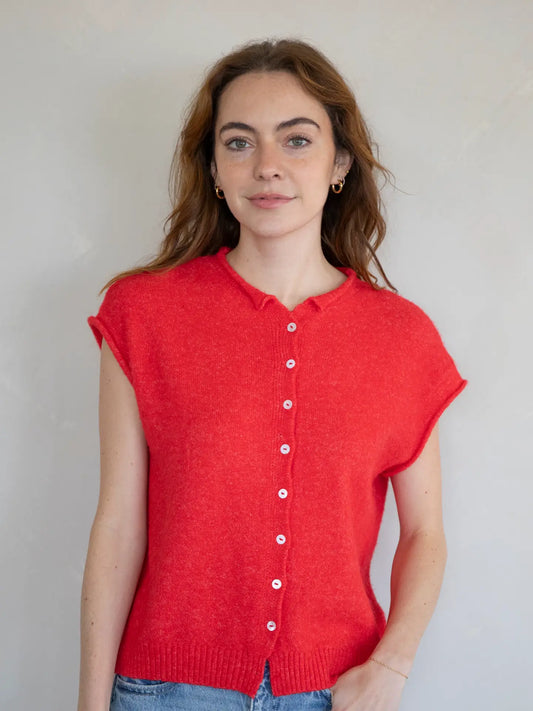 The Faye Short Sleeved Button-Up Cardigan in Red