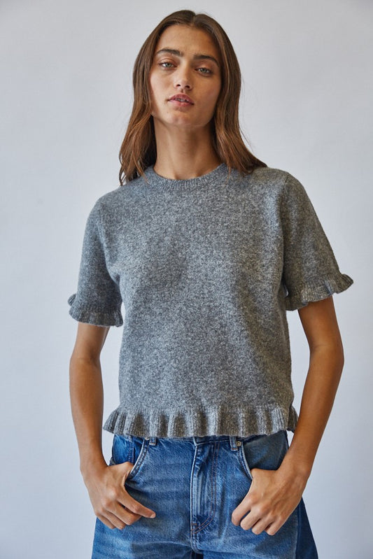 The Greta Ruffled Sweater in Heather Gray