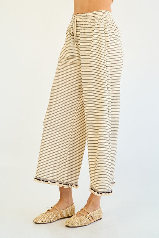 The Tamsin Ruffle Edge Striped Pant in Cream + Brown