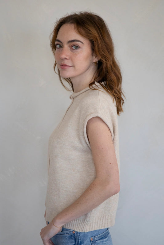 The Faye Short Sleeved Button-Up Cardigan in Natural