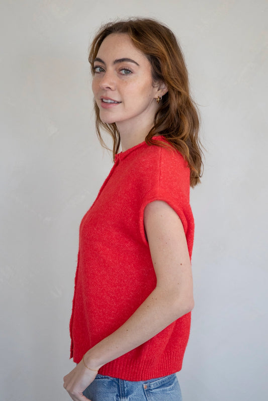 The Faye Short Sleeved Button-Up Cardigan in Red