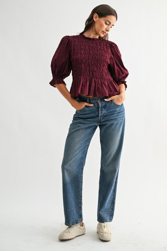 The Romy Smocked Top in Burgundy