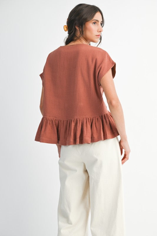 The Benny Lace Trim Button-Up Blouse in Terracotta
