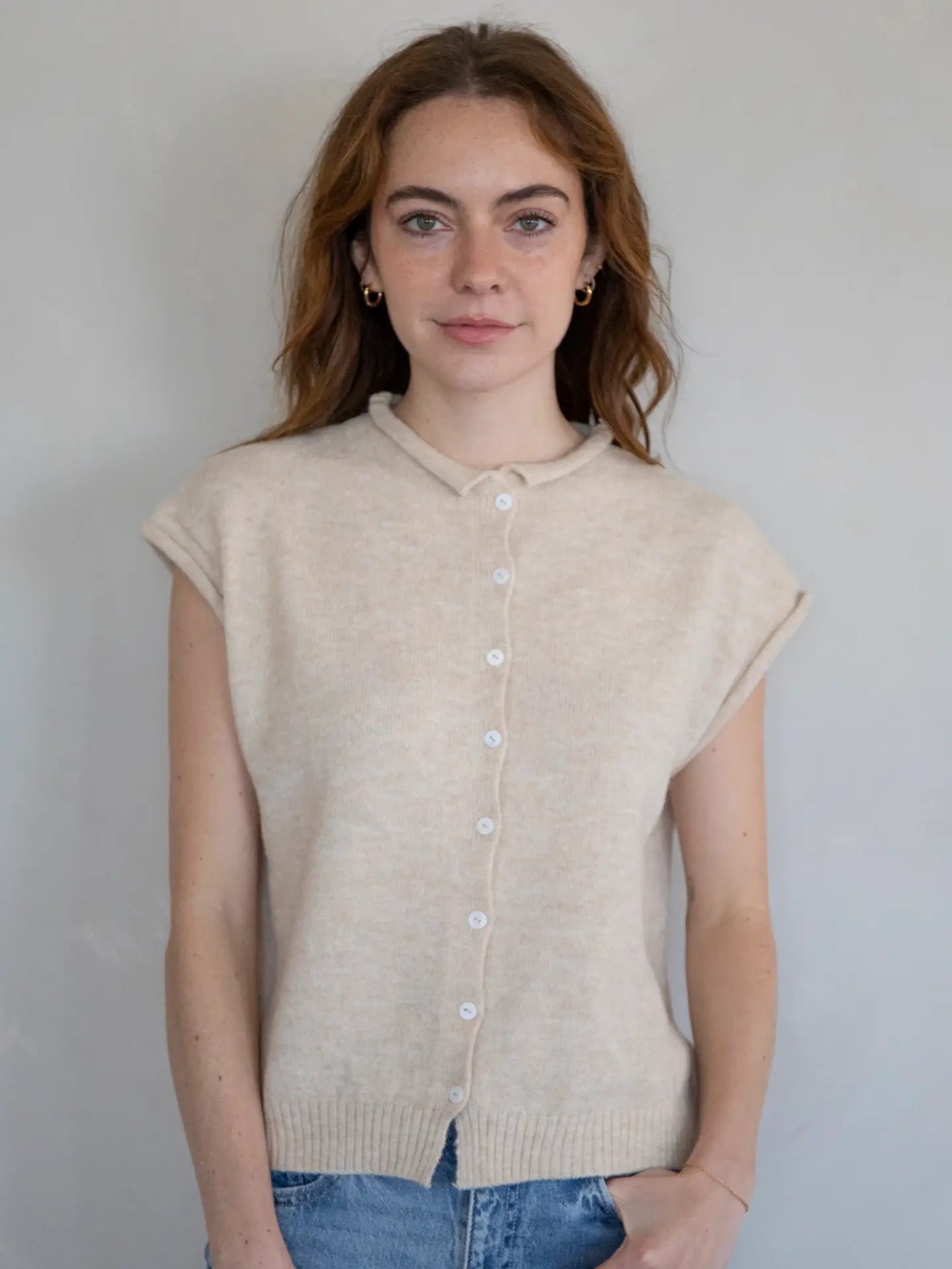 The Merin Short Sleeved Button-Up Cardigan in Natural
