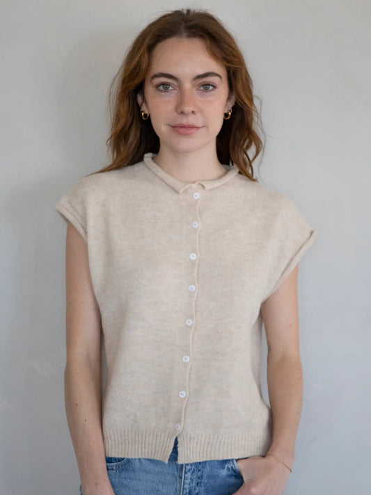 The Faye Short Sleeved Button-Up Cardigan in Natural