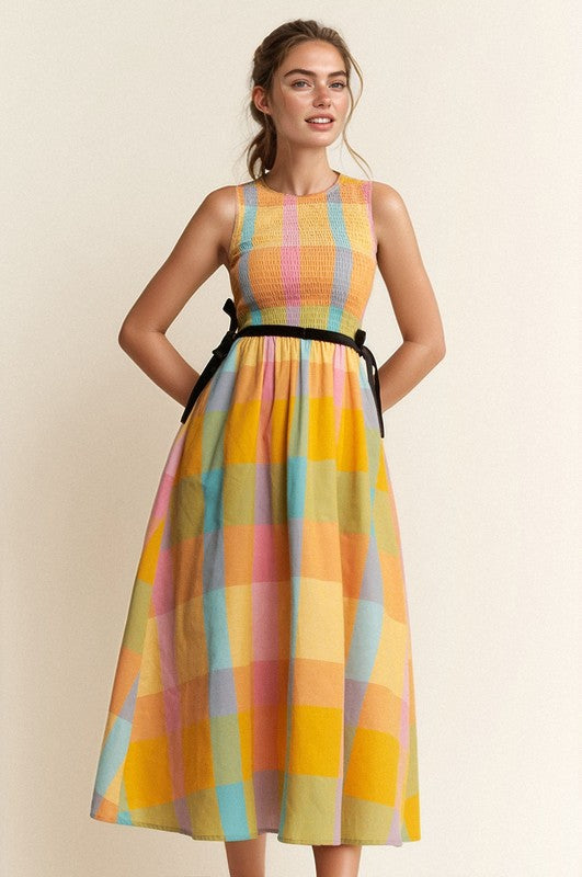 The Quincey Smocked Detail Midi Dress in Checkered Multi