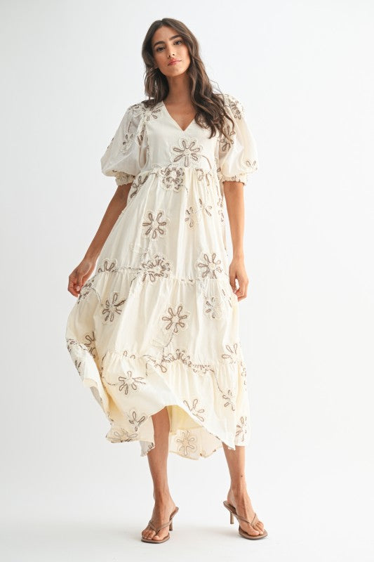 The Katarine Floral Embroidered Dress in Cream + Mocha