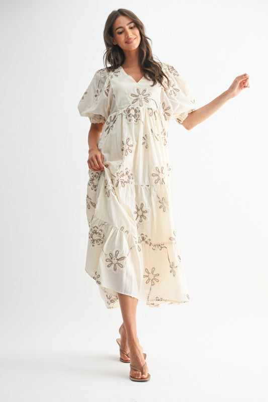 The Katarine Floral Embroidered Dress in Cream + Mocha