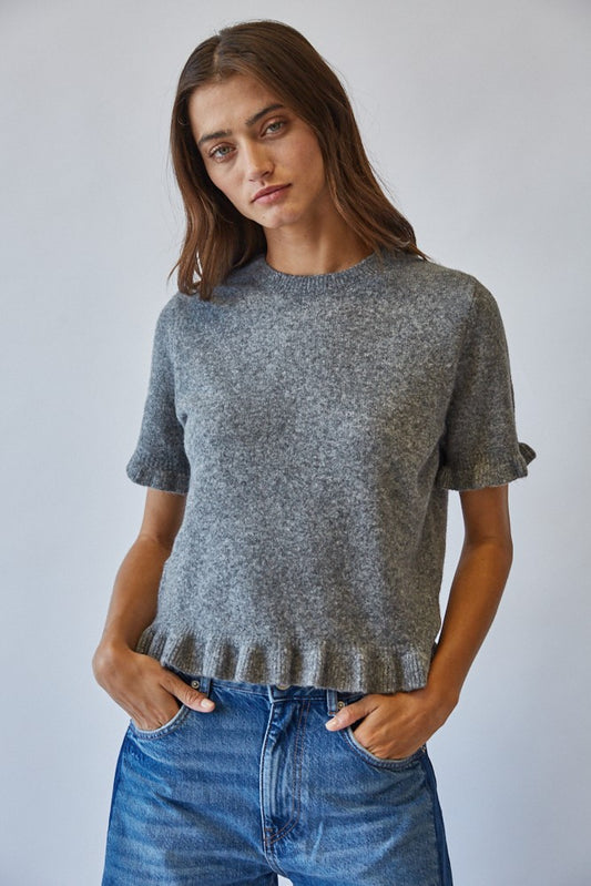 The Greta Ruffled Sweater in Heather Gray