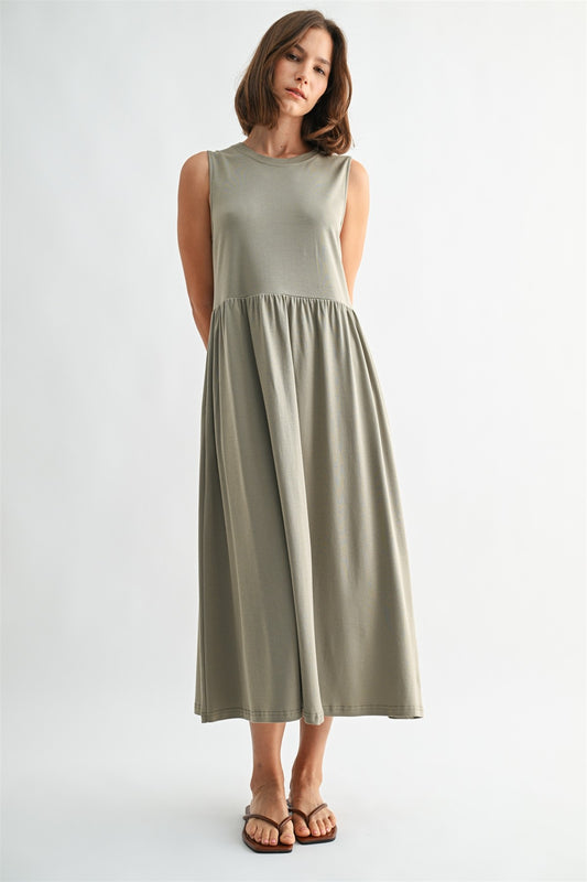 Olive knit tank midi dress. T-shirt neck with pockets.