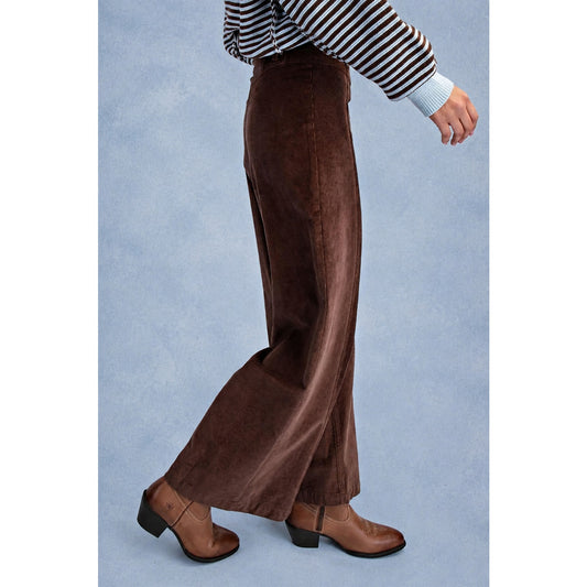 Women's vintage mocha brown corduroy wide-leg pants featuring a high-rise front yoke waistband, stitched vertical front seams, and a relaxed straight-wide silhouette.