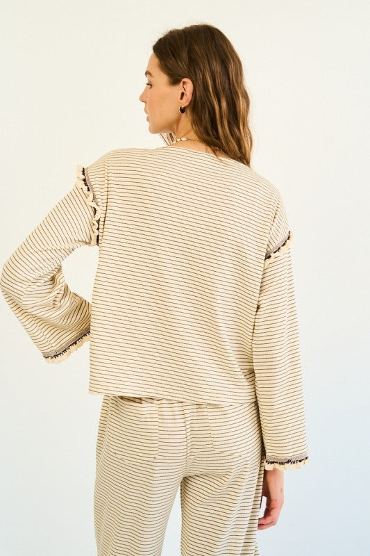 The Tamsin Long Sleeve Striped Blouse in Cream + Brown