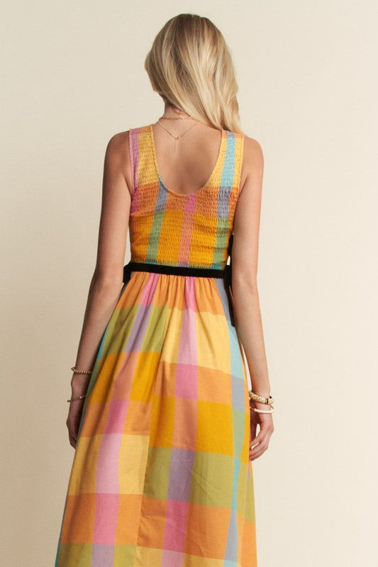 The Quincey Smocked Detail Midi Dress in Checkered Multi
