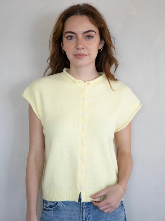 The Faye Short Sleeved Button-Up Cardigan in Yellow
