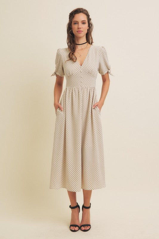 The Annabella Polka Dot Dress in Natural + Black