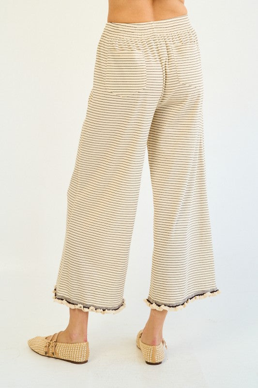 The Tamsin Ruffle Edge Striped Pant in Cream + Brown