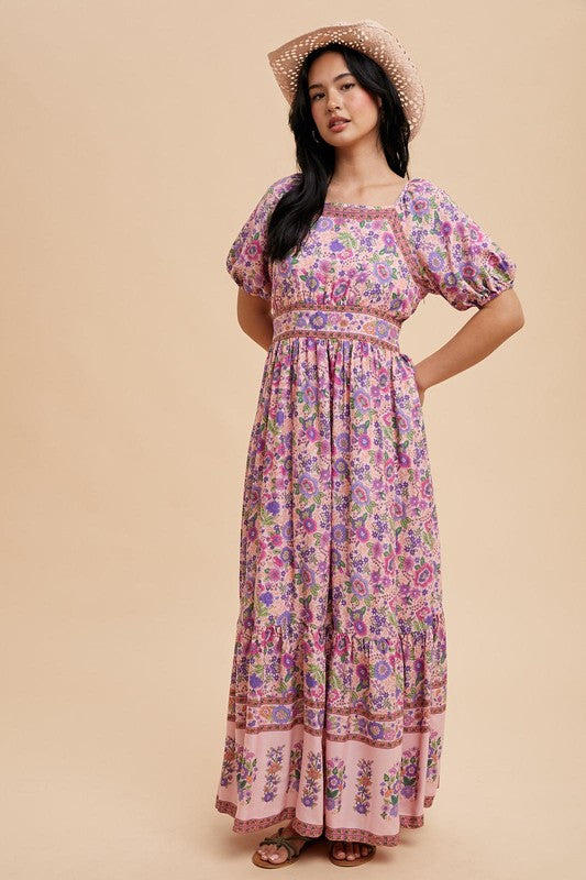 The Lulu Patterned Maxi Dress in Pink Fuchsia