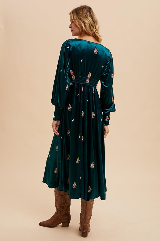 The Mickie Embroidered Dress in Emerald Velvet