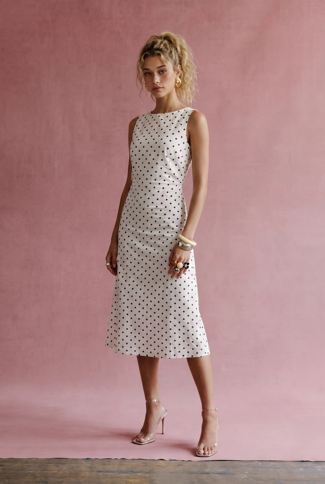 A women's sleeveless cream midi dress featuring a classic black polka dot pattern, a modest boat neckline, and an A-line silhouette.