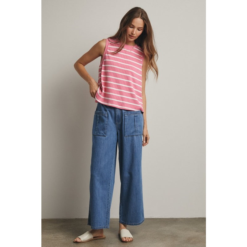 The Rhodes Striped Ribbed Tank in Punch + White