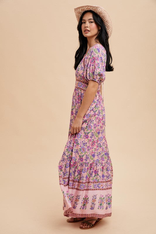 The Lulu Patterned Maxi Dress in Pink Fuchsia