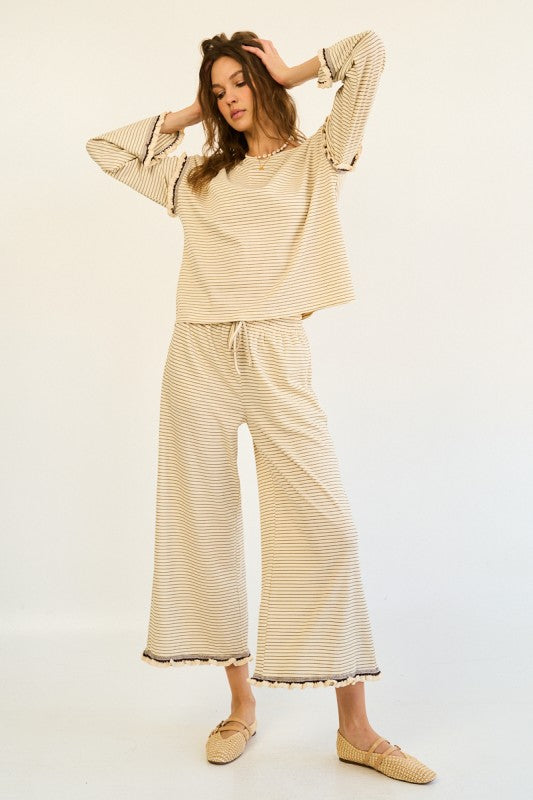 The Tamsin Long Sleeve Striped Blouse in Cream + Brown