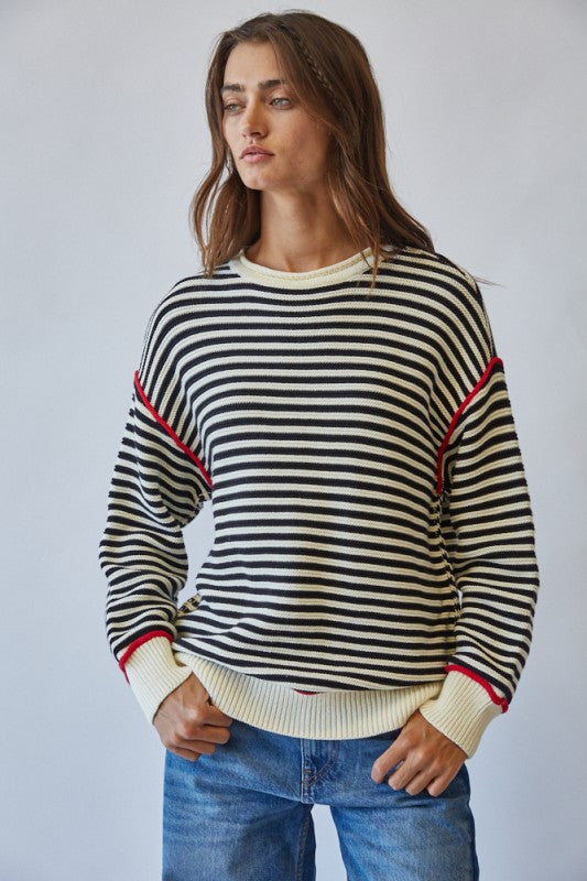 The Renna Striped Sweater in Black + Cream