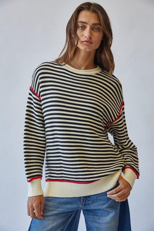The Renna Striped Sweater in Black + Cream