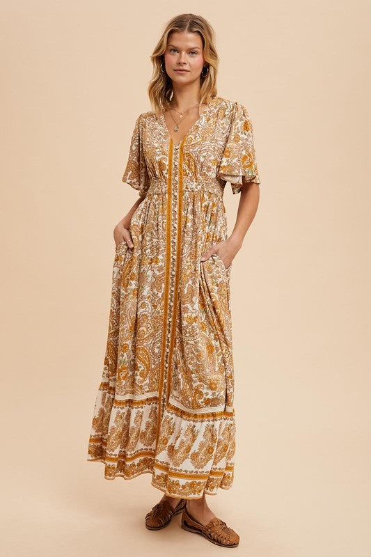 The Gisborne Flutter Sleeve Floral Maxi Dress in Antique Gold