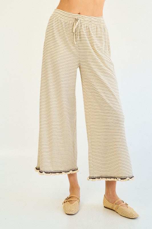 The Tamsin Ruffle Edge Striped Pant in Cream + Brown