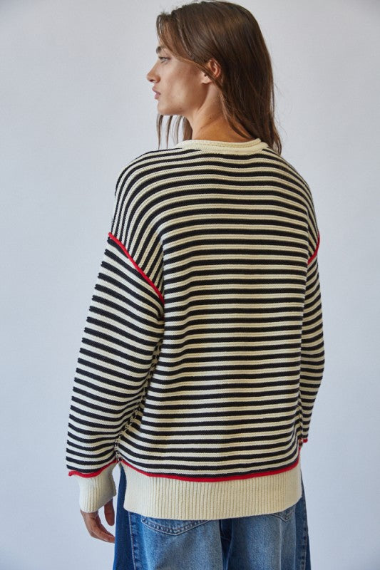 The Renna Striped Sweater in Black + Cream