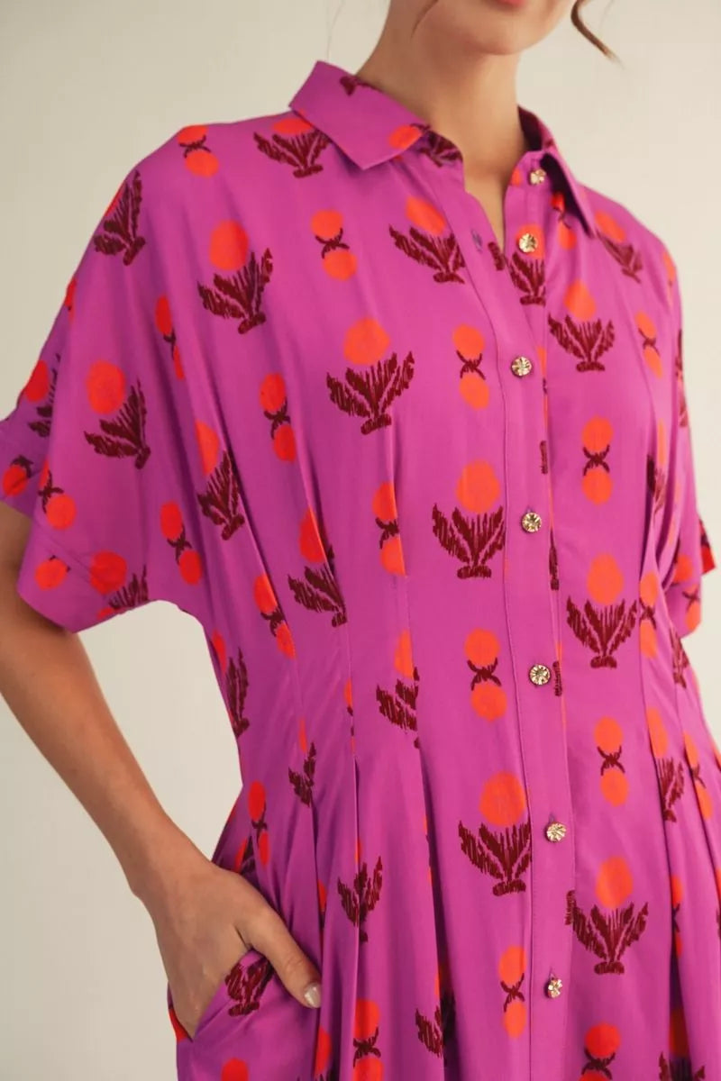 The Amara Patterned Button-Up Dress in Magenta