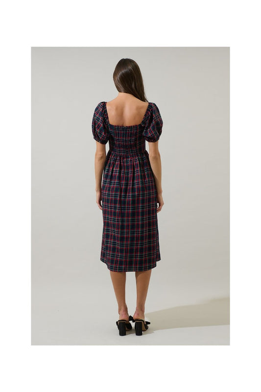 A women's navy multi plaid midi dress featuring short puff sleeves, a sweetheart neckline, a fitted waist, and deep side pockets.