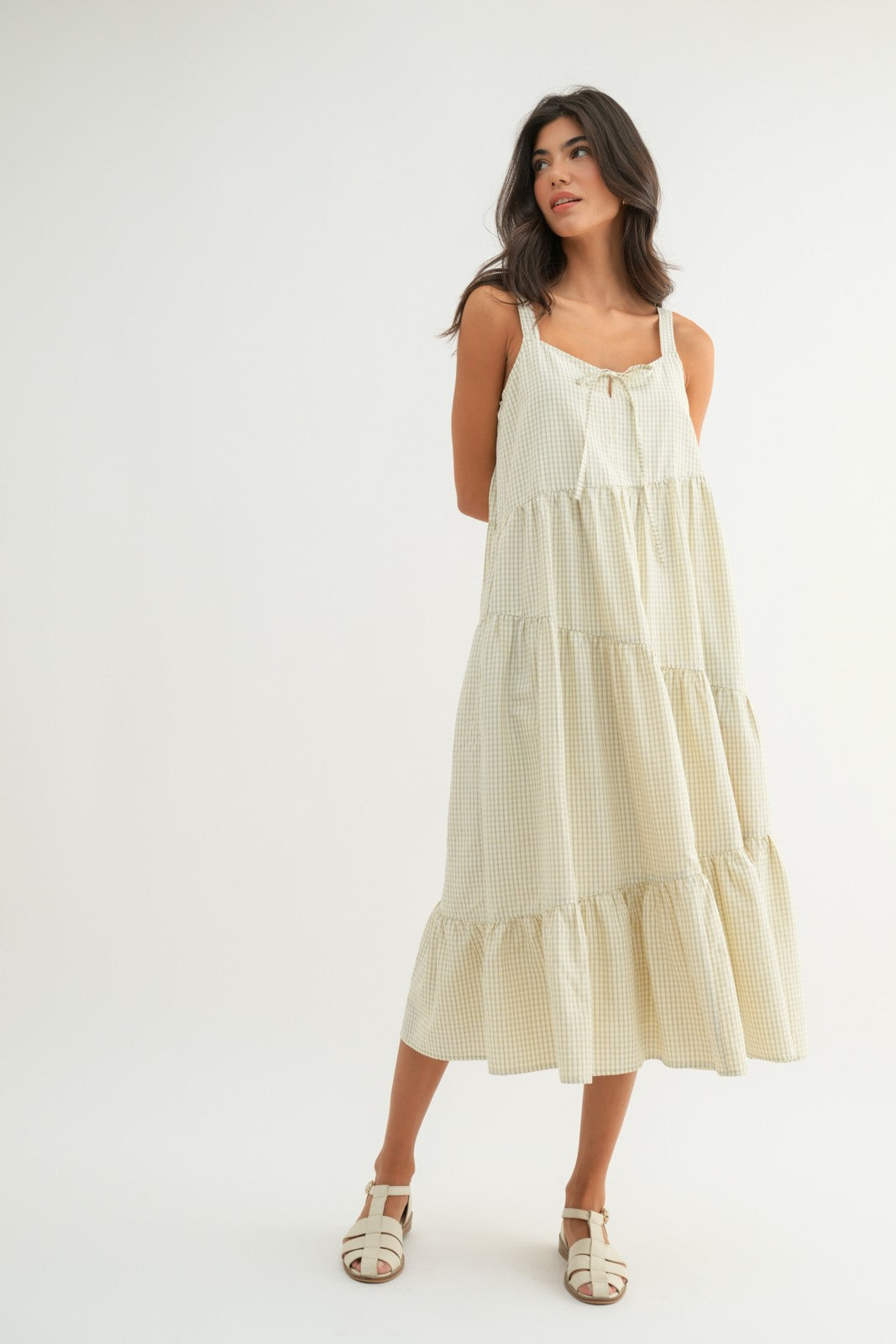 The Dinah Tiered Plaid Dress in Cream + Taupe