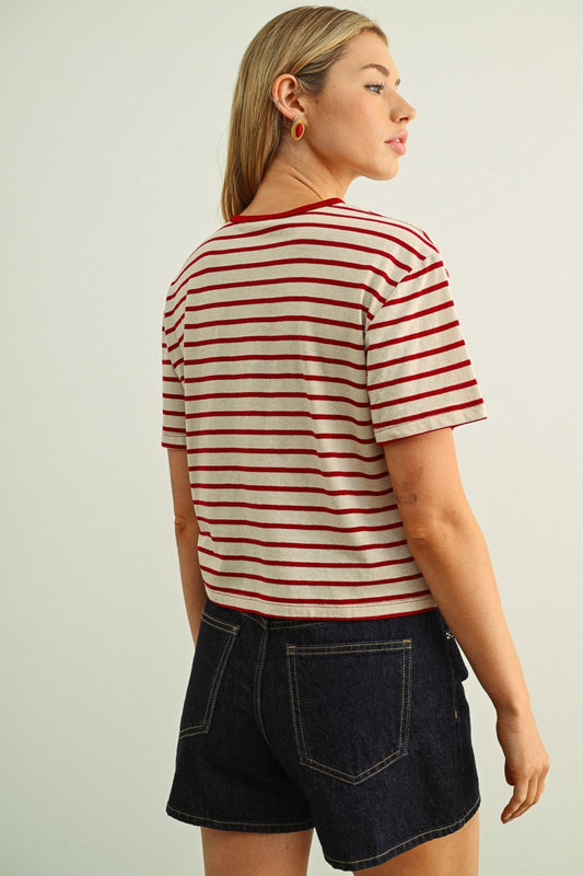 The Azaria Striped Cropped Tee in Red + Cream