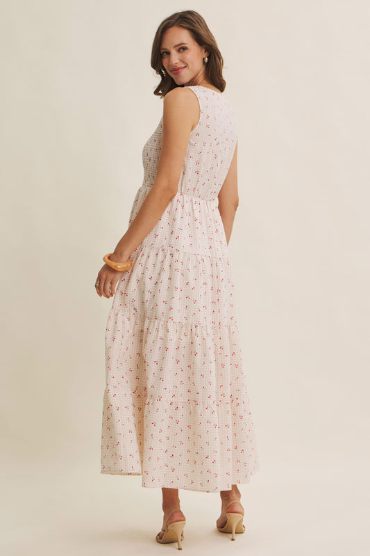 The Rooney Cherry Gingham Midi Dress in Biscuit