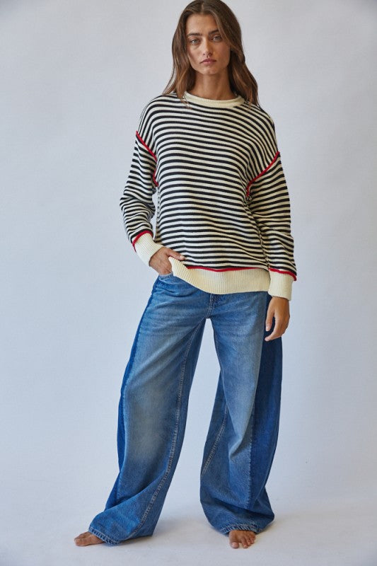 The Renna Striped Sweater in Black + Cream