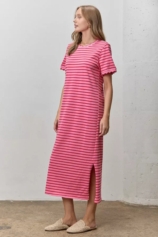 A short-sleeve striped midi t-shirt dress in pink and red featuring a classic crew neckline with scalloped trim and matching scallop-edge sleeve hems.