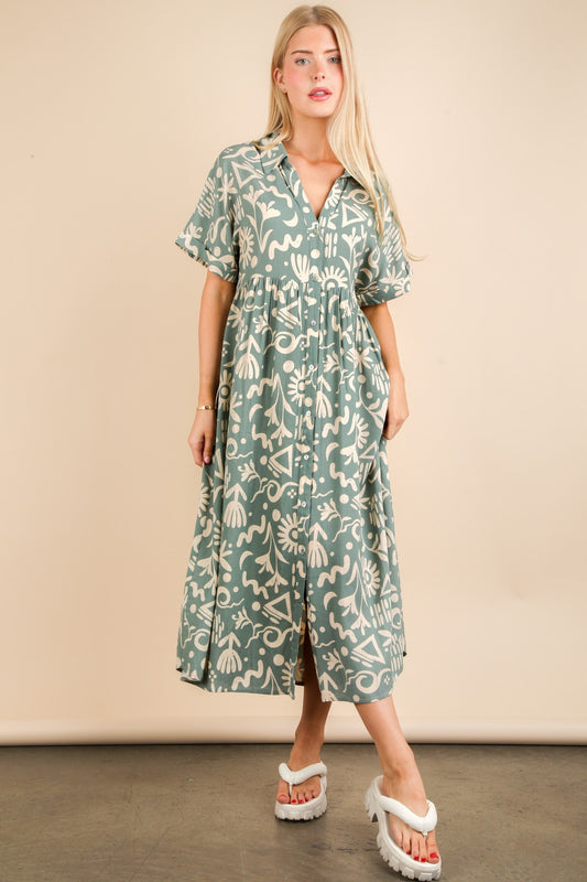 The Dennis Patterned Midi Dress in Sage