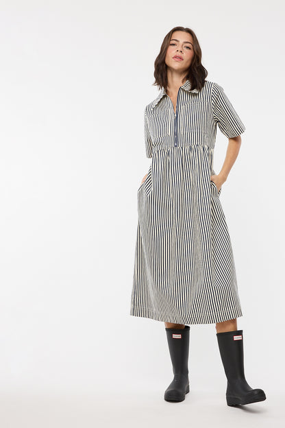 The Mabeline Midi Dress in Navy Stripe