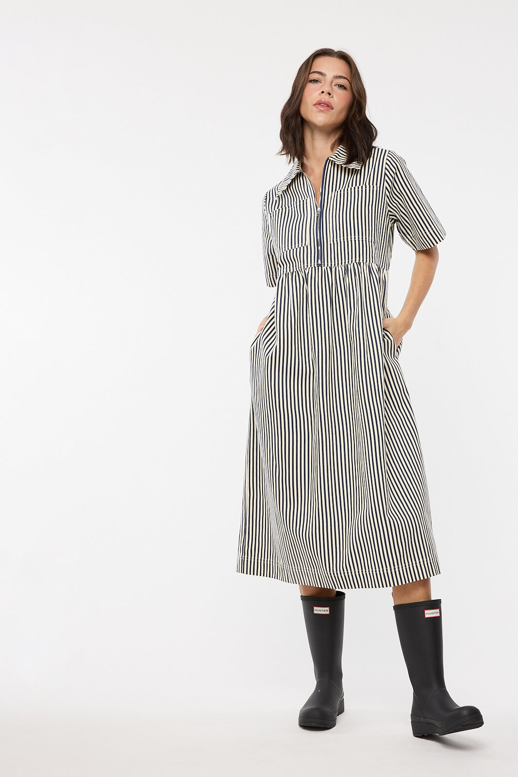 The Mabeline Midi Dress in Navy Stripe