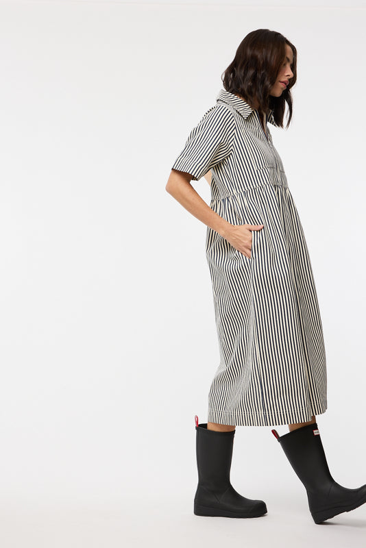 The Mabeline Midi Dress in Navy Stripe