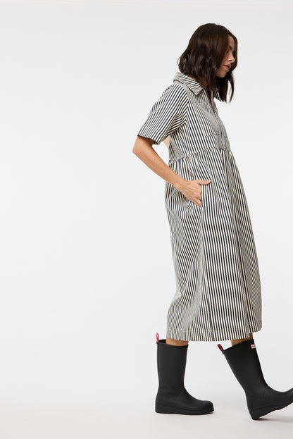 The Mabeline Midi Dress in Navy Stripe
