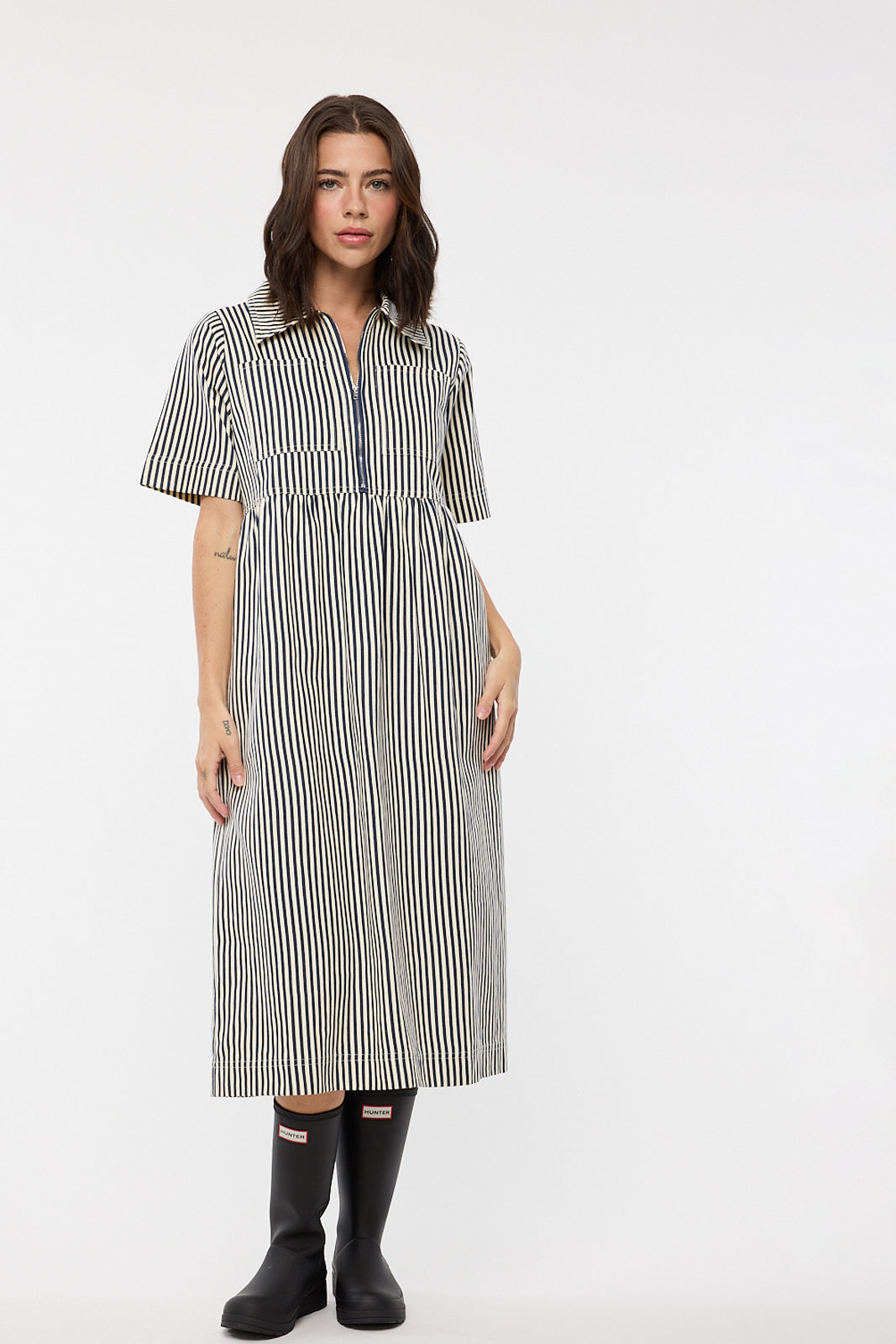 The Mabeline Midi Dress in Navy Stripe