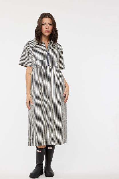 The Mabeline Midi Dress in Navy Stripe